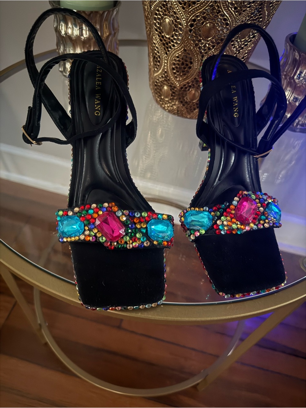 Azalea Wang Black Strappy Sandals with Multicolor Jewel Accents